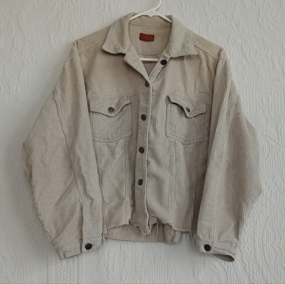POL Beige Corduroy Jacket Crop Fringe Gray Button Down Oversized Distressed Cool - Picture 10 of 10
